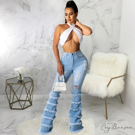 Tassel Thousand Layers Flared Design Light Blue Ripped Fashion Wide Leg Ladies Jean Light blue / S