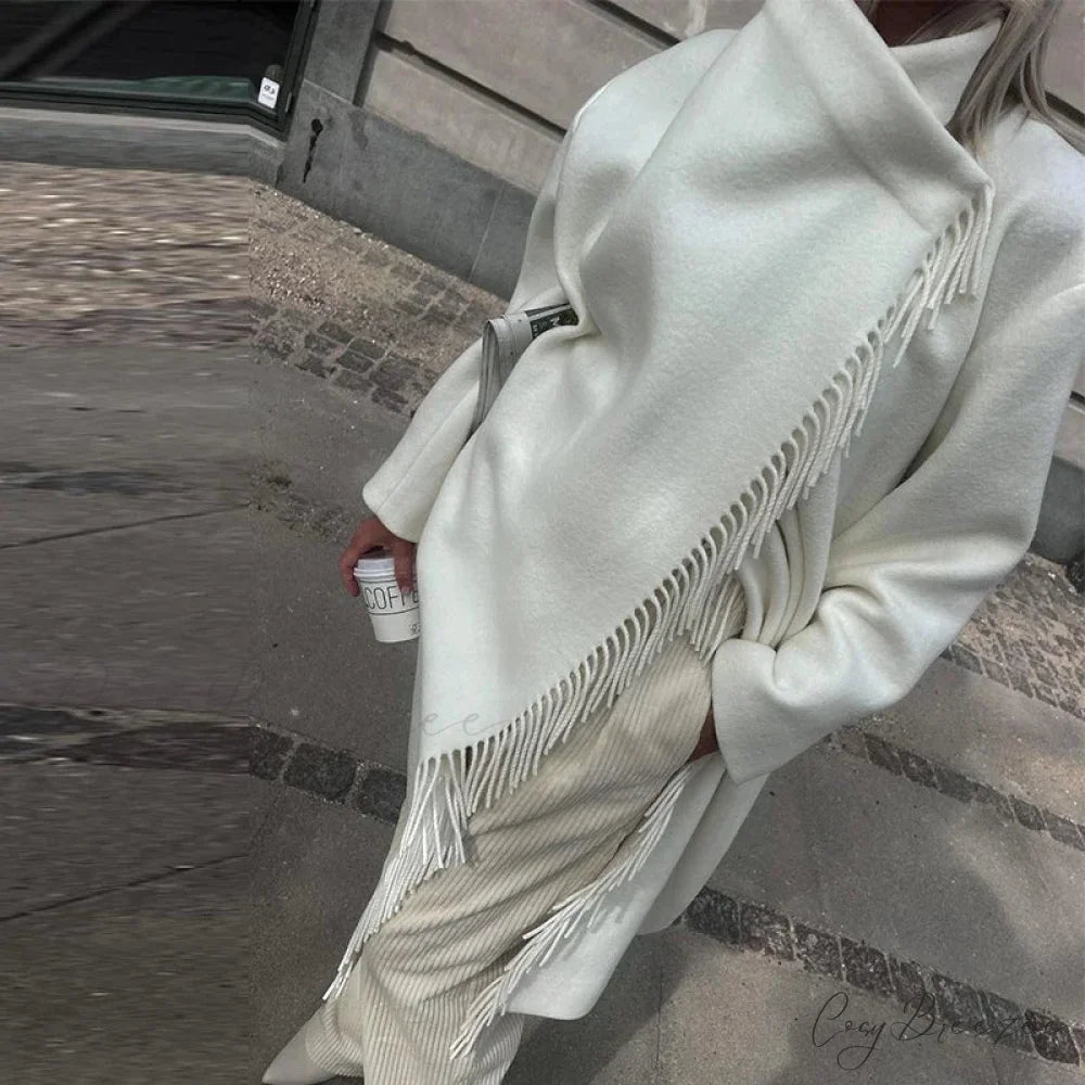 Tassel Turtleneck Irregular Button Coat White / S overcoats-241228