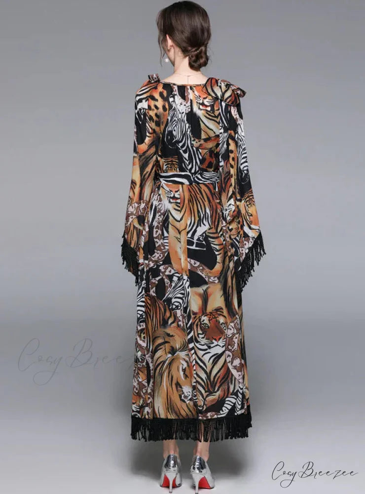 Tassel Wide Sleeves Casual Dress with Tiger Print