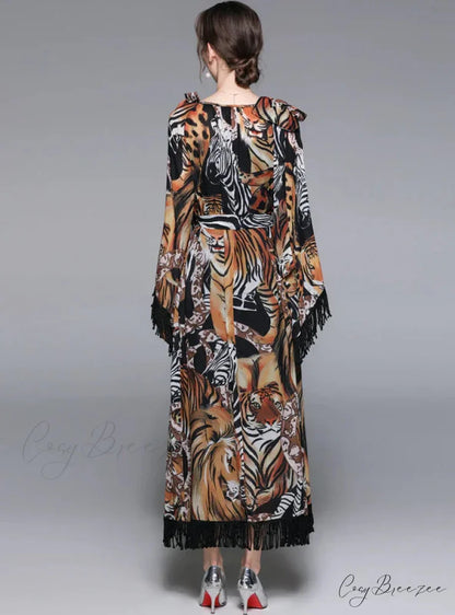 Tassel Wide Sleeves Casual Dress with Tiger Print