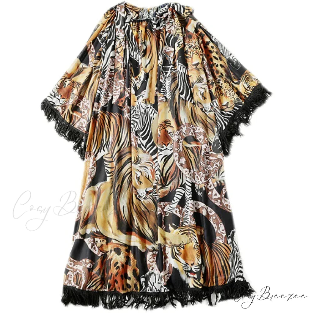 Tassel Wide Sleeves Casual Dress with Tiger Print