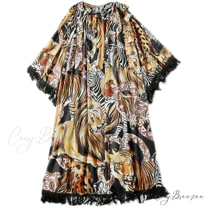 Tassel Wide Sleeves Casual Dress with Tiger Print