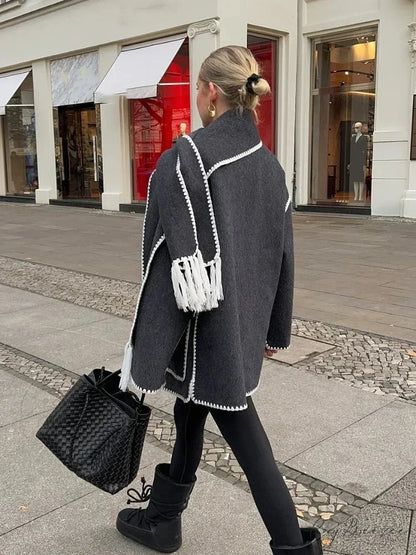 Tassels Scarf Collar Woolen Mix Coat coats-241228