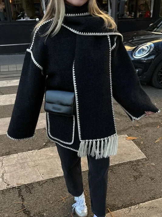 Tassels Scarf Collar Woolen Mix Coat coats-241228