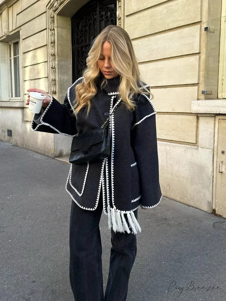 Tassels Scarf Collar Woolen Mix Coat coats-241228