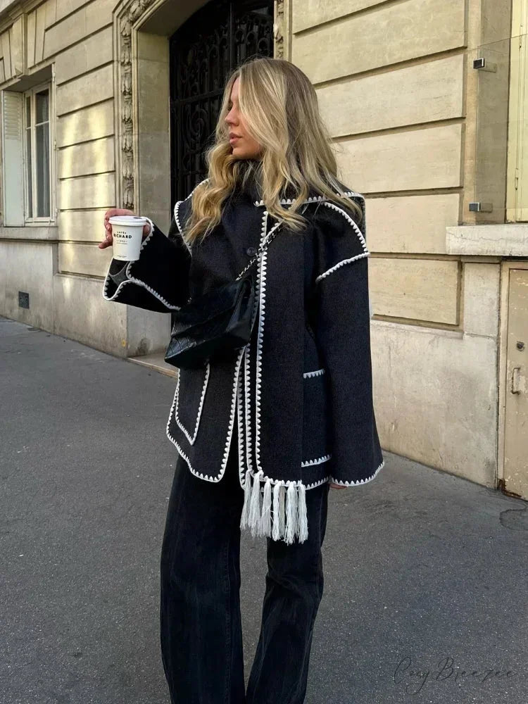 Tassels Scarf Collar Woolen Mix Coat coats-241228