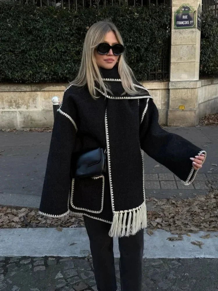 Tassels Scarf Collar Woolen Mix Coat coats-241228
