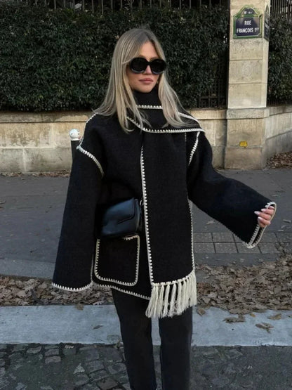 Tassels Scarf Collar Woolen Mix Coat coats-241228
