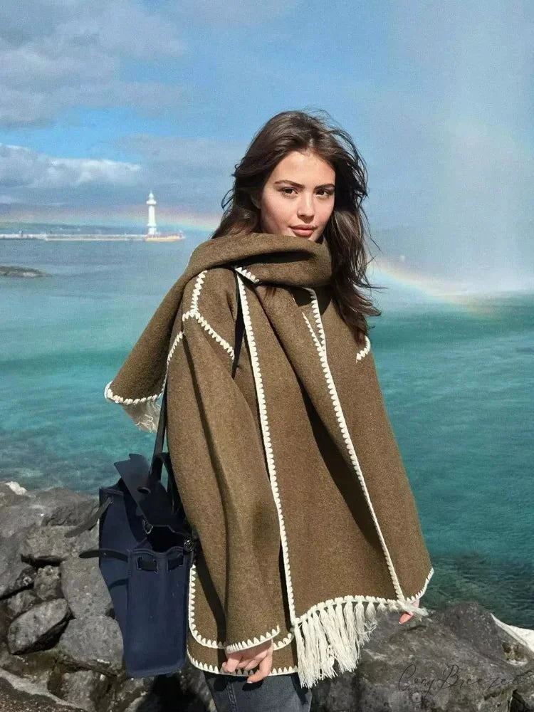 Tassels Scarf Collar Woolen Mix Coat dark brown / S coats-241228