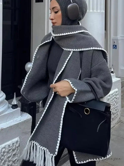 Tassels Scarf Collar Woolen Mix Coat Light gray / S coats-241228
