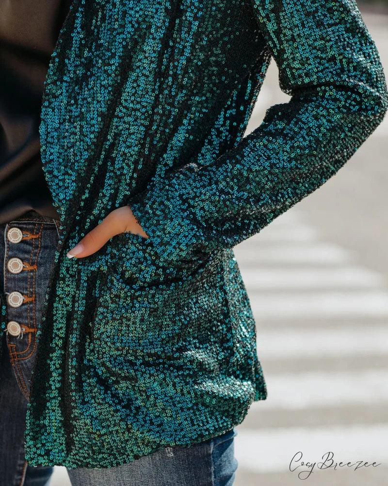 Teal Festive Flair Sequin Blazer with Pockets