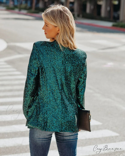 Teal Festive Flair Sequin Blazer with Pockets