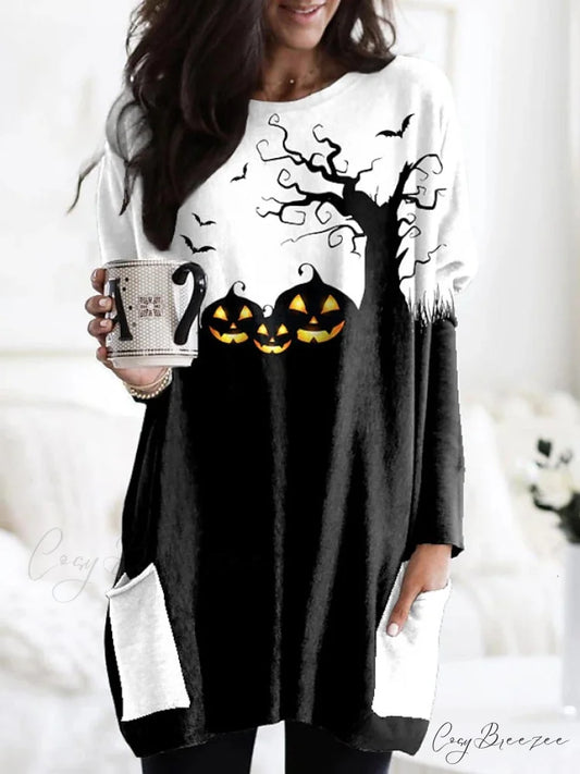 Tee Graphic Basic Black - Abstract Tunic Arm Weekend Women’s Flowered Round Design Neck Painting Long Pocket Pumpkin