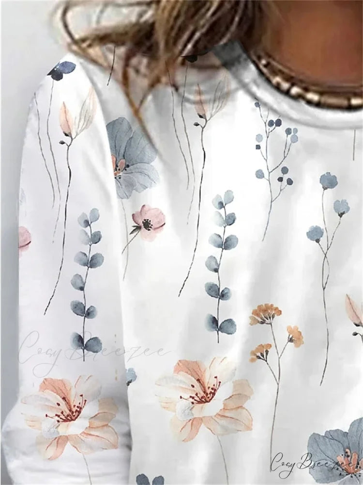 Tee Regular Long Flowered Round Weekend Design Women’s Arm Yellow White shirt Pink T Neck Painting