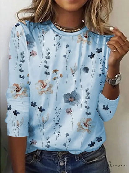 Tee Regular Long Flowered Round Weekend Design Women’s Arm Yellow White shirt Pink T Neck Painting Blue / S