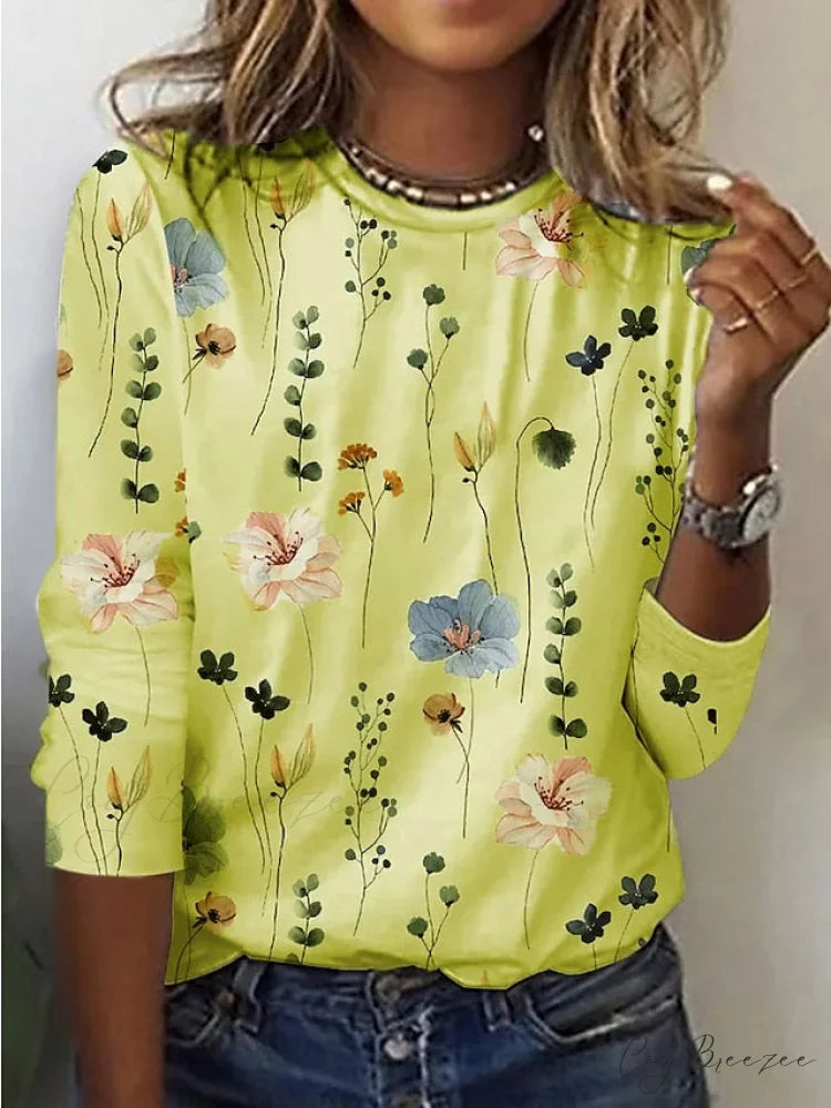 Tee Regular Long Flowered Round Weekend Design Women’s Arm Yellow White shirt Pink T Neck Painting Yellow / S