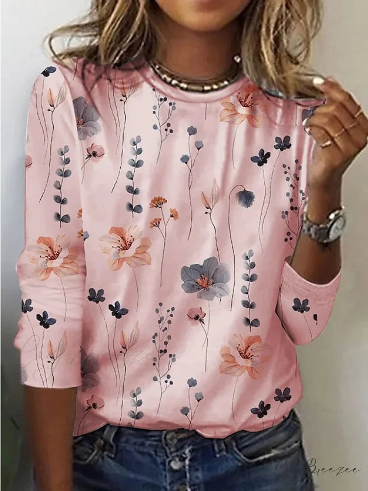 Tee Regular Long Flowered Round Weekend Design Women’s Arm Yellow White shirt Pink T Neck Painting Pink / S