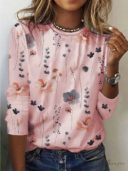 Tee Regular Long Flowered Round Weekend Design Women’s Arm Yellow White shirt Pink T Neck Painting Pink / S