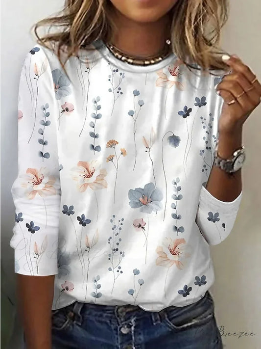 Tee Regular Long Flowered Round Weekend Design Women’s Arm Yellow White shirt Pink T Neck Painting White / S