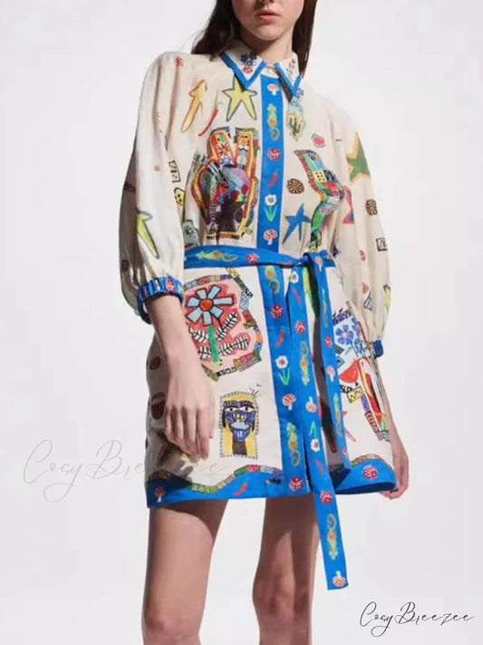 Temperament Peplum Stylish Printed Cardigan Dress Blue / S