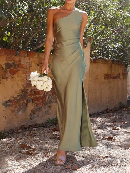 Temperament Slim Fit One Graceful Shoulder Split Satin Dress Green / S