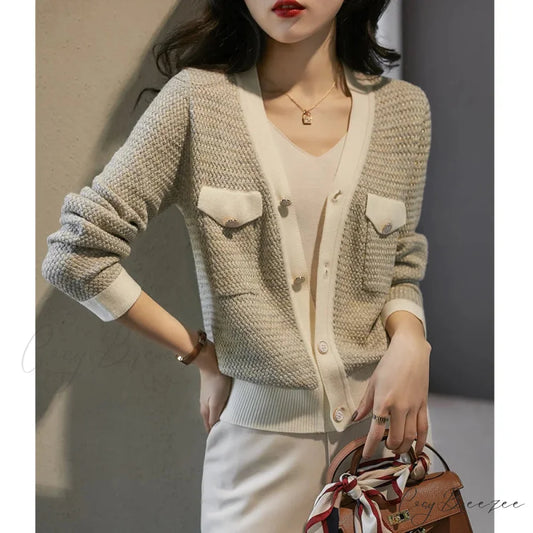 Temperament Small Fragrant Wind Cashmere Loose V-neck Thin Cardigan Beige / S