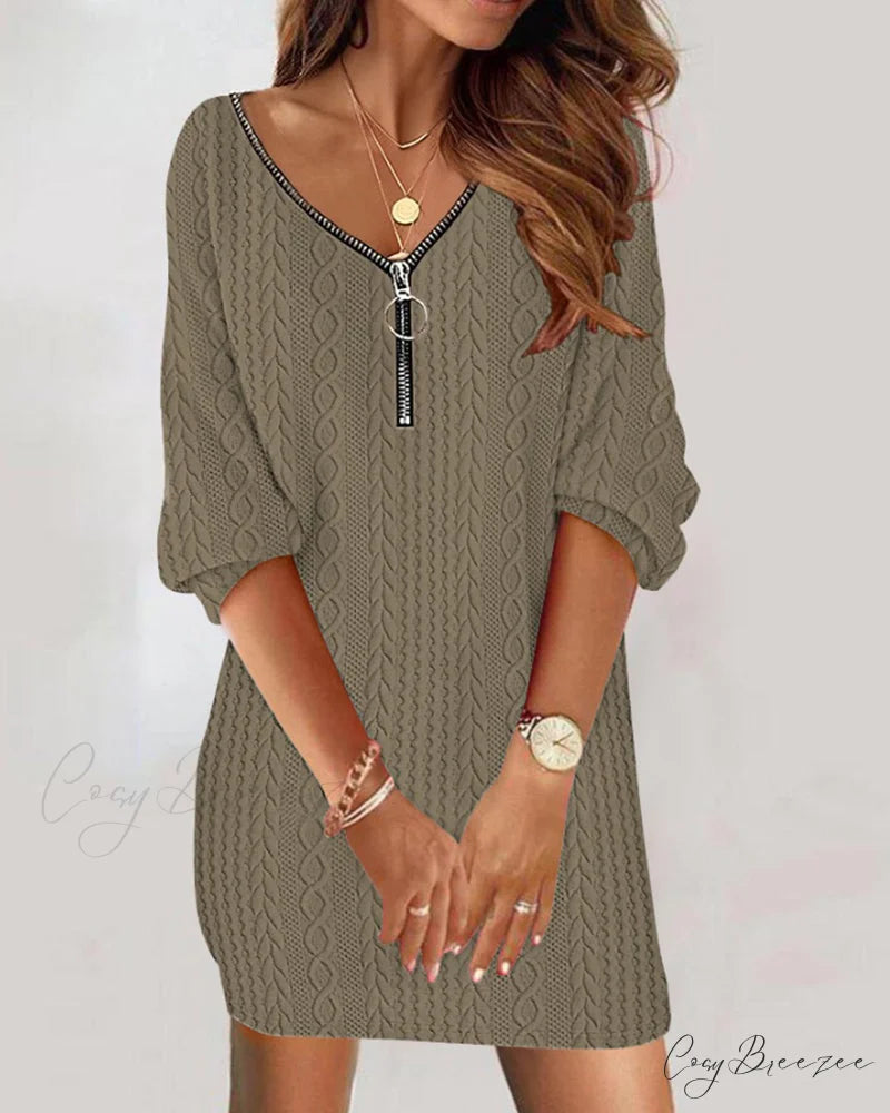Textured Cable Dress with Zipper Brown / S