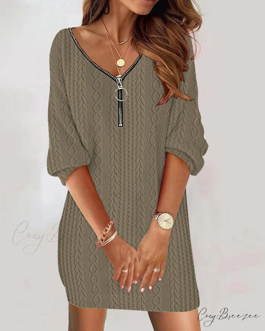 Textured Cable Dress with Zipper Brown / S