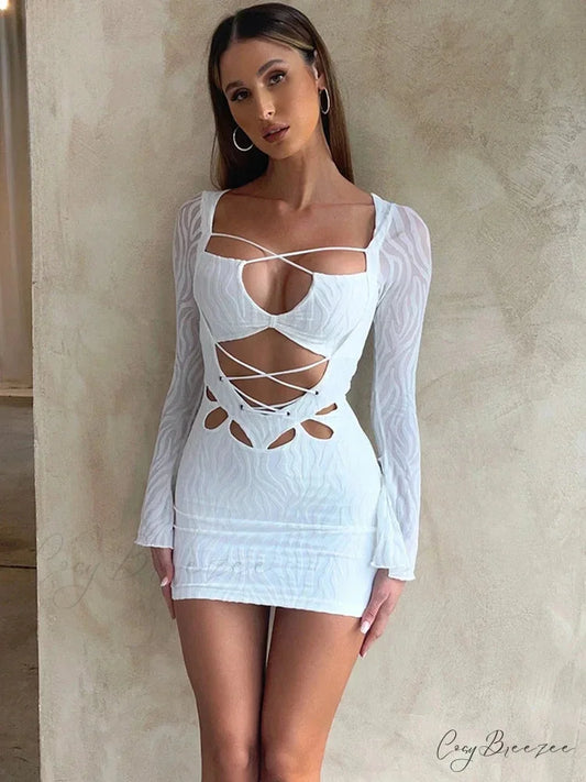 Textured Lace Up Bandage Long Sleeve Bodycon Streetwear Mini Dress