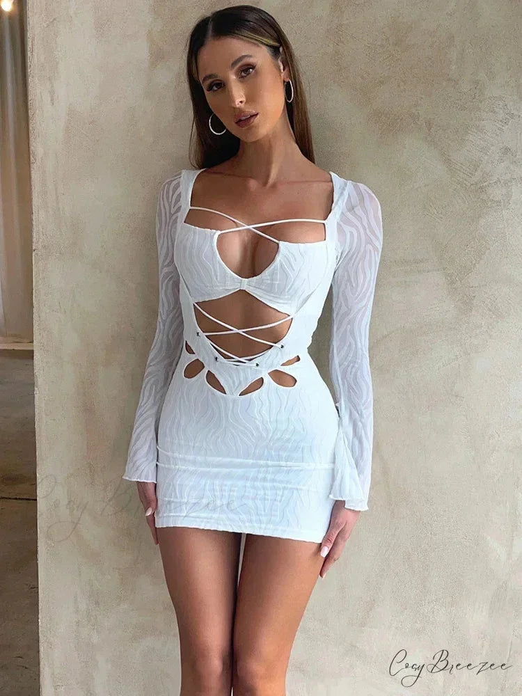 Textured Lace Up Bandage Long Sleeve Bodycon Streetwear Mini Dress WHITE / S