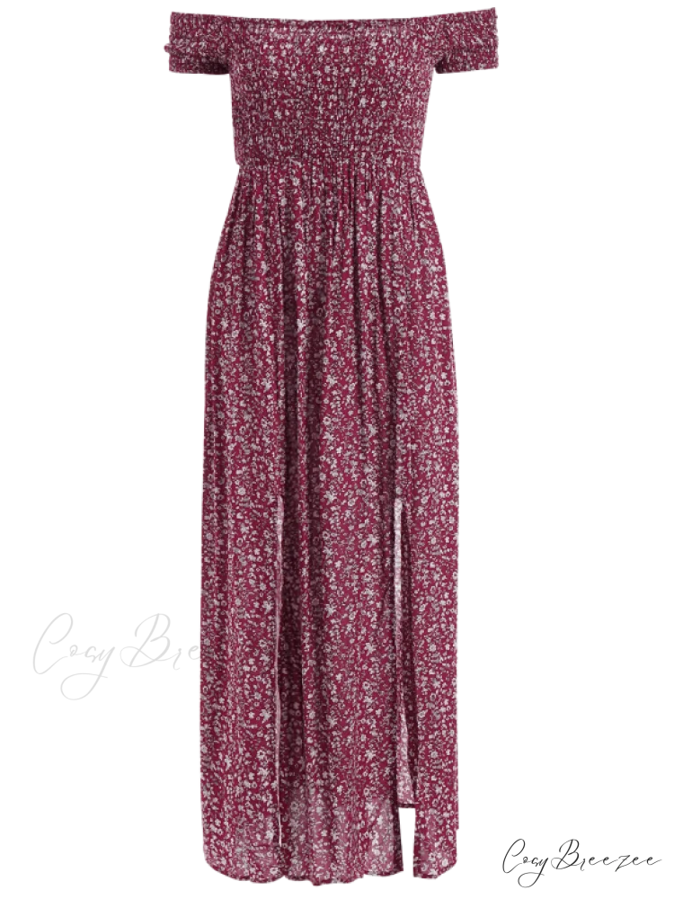 The Flowered Off Shoulder Tiny Slit Dress