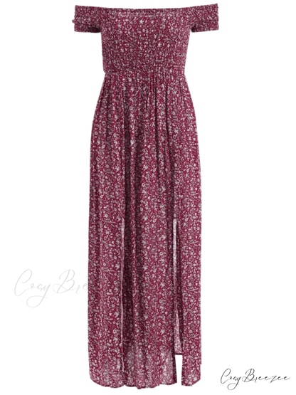The Flowered Off Shoulder Tiny Slit Dress
