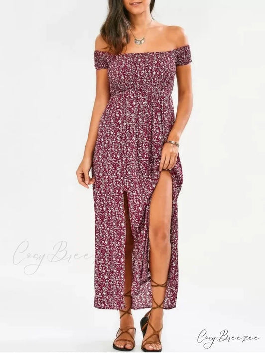 The Flowered Off Shoulder Tiny Slit Dress