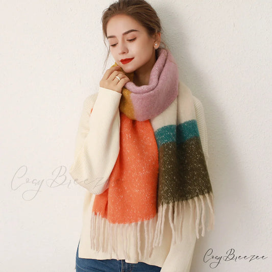 Thick Cozy Stylish Warm Trendy Classic Soft Color-blocked Scarf RED