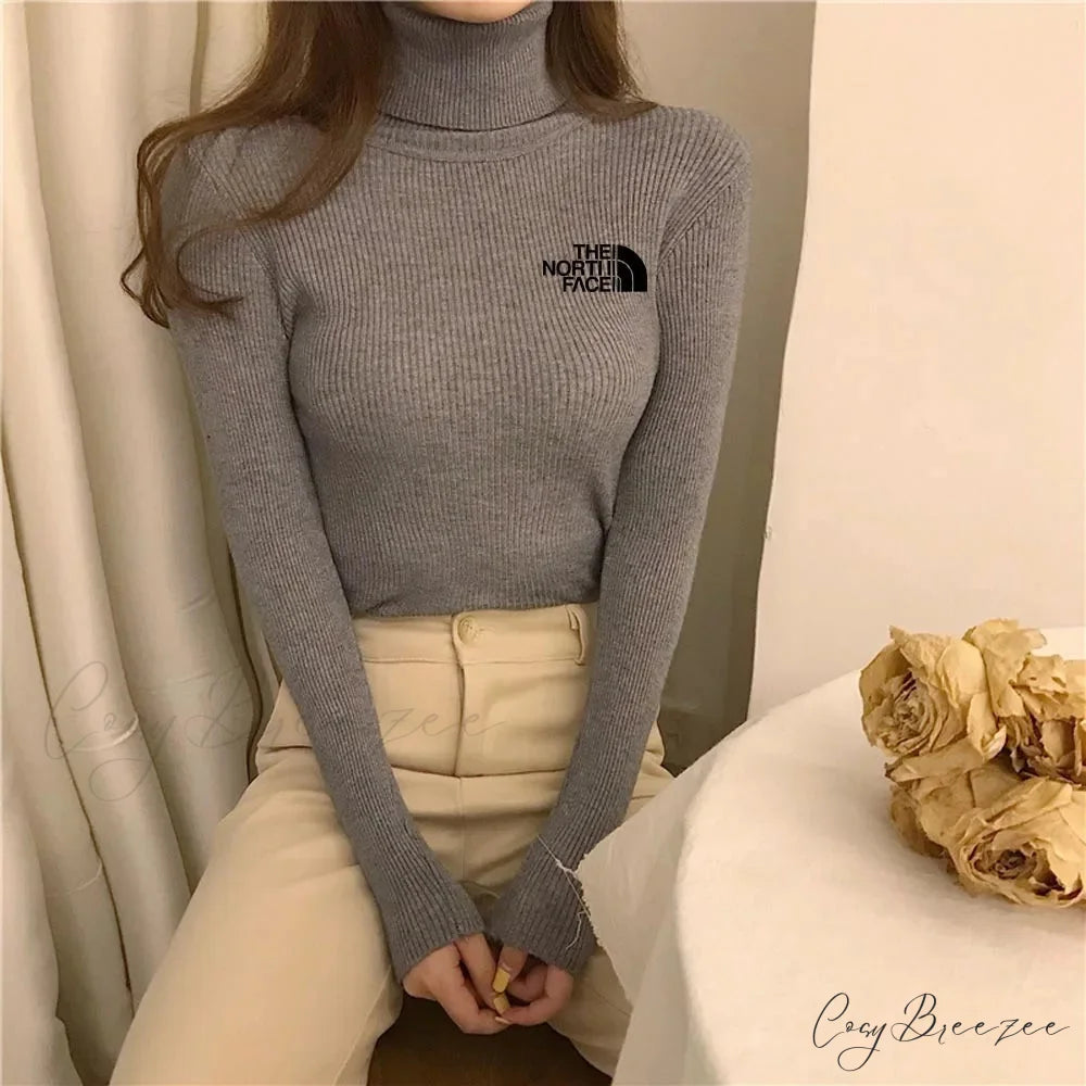 Thick Ribbed Sweater Cotton Turtleneck Knit Pullover Top grey black / One Size knittop-250126