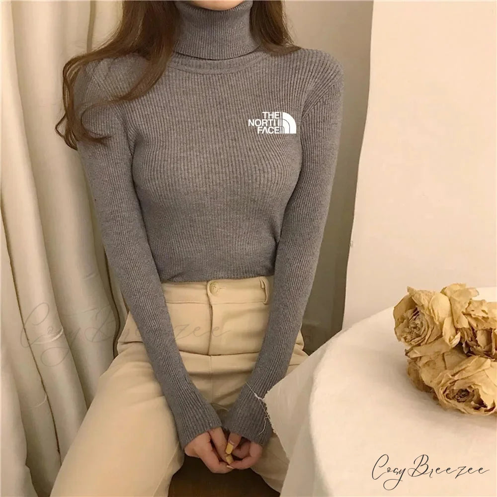 Thick Ribbed Sweater Cotton Turtleneck Knit Pullover Top grey white / One Size knittop-250126