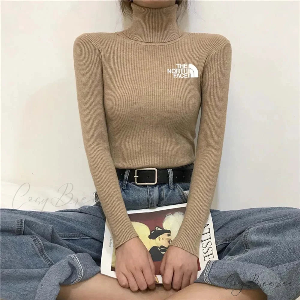 Thick Ribbed Sweater Cotton Turtleneck Knit Pullover Top khaki white / One Size knittop-250126