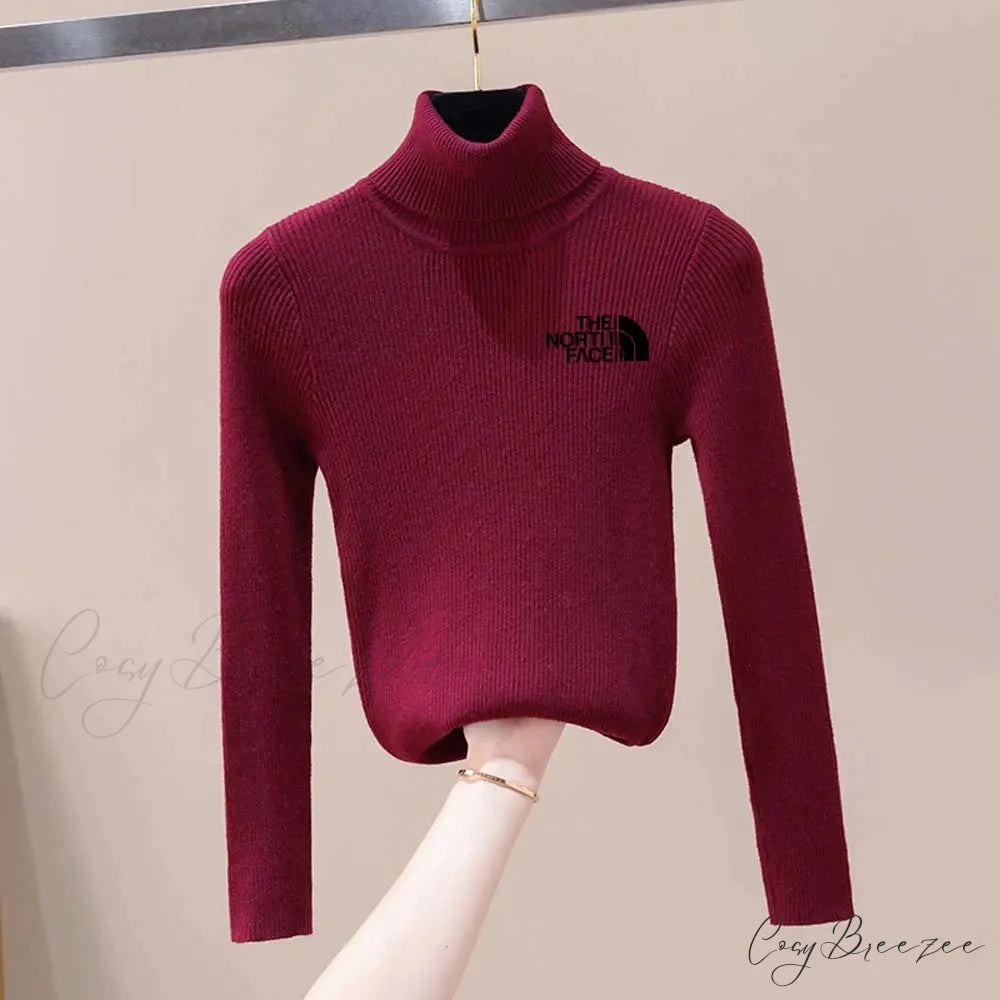 Thick Ribbed Sweater Cotton Turtleneck Knit Pullover Top Wine red black / One Size knittop-250126