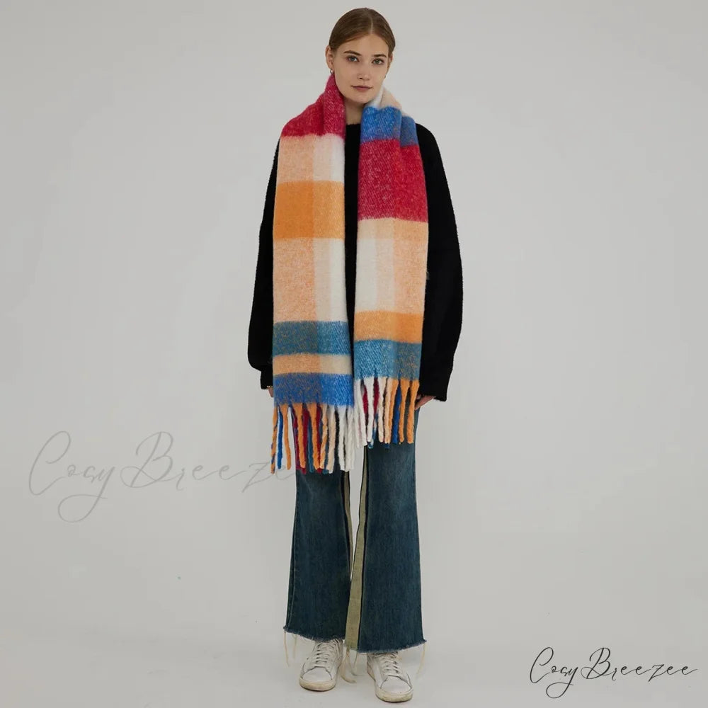 Thick Warm Tassel Contrast Color Scarf for Autumn/Winter Blue red 231x42CM