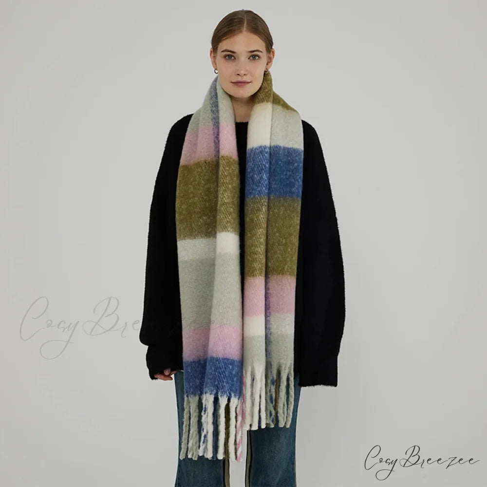 Thick Warm Tassel Contrast Color Scarf for Autumn/Winter green pink 231x42CM