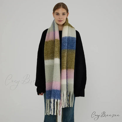 Thick Warm Tassel Contrast Color Scarf for Autumn/Winter green pink 231x42CM