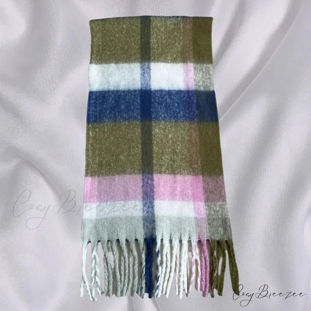 Thick Warm Tassel Contrast Color Scarf for Autumn/Winter green pink 231x53CM