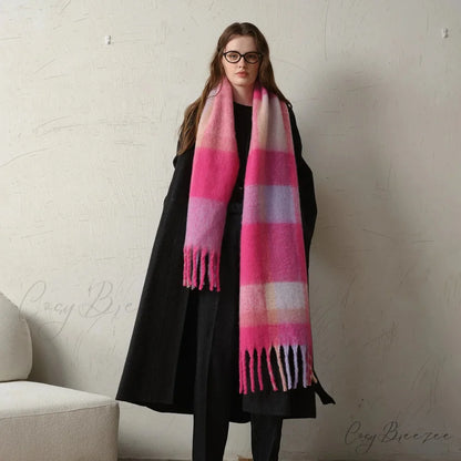 Thick Warm Tassel Contrast Color Scarf for Autumn/Winter Pink Red 231x42CM