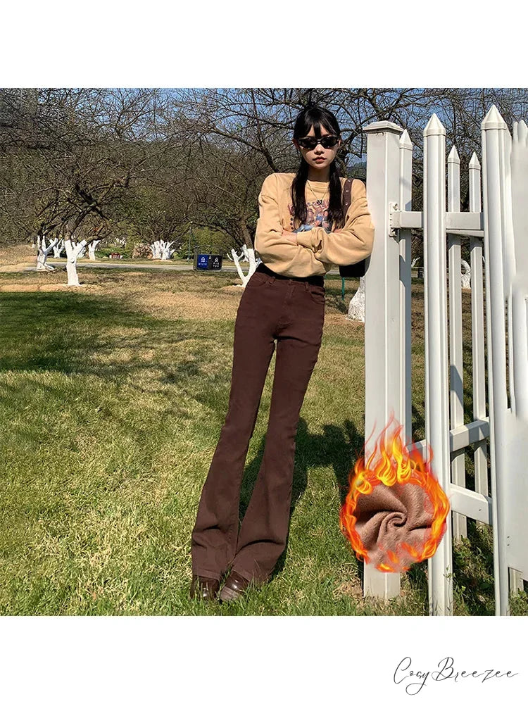 Thicken Winter Warm Slim Fleece Flared Pants Elastic Skinny Women’s Fashion High Waist Velvet Plus Length Female Jean