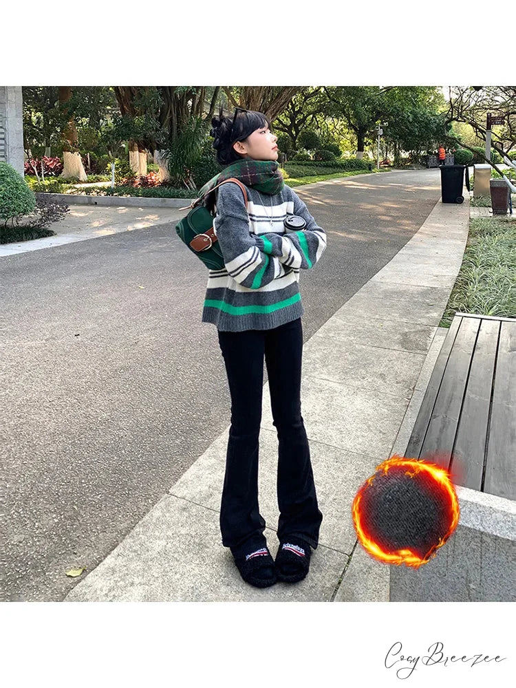 Thicken Winter Warm Slim Fleece Flared Pants Elastic Skinny Women’s Fashion High Waist Velvet Plus Length Female Jean
