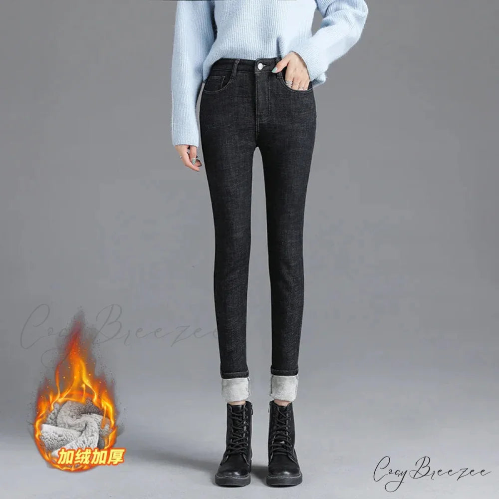 Thickened High Waist Warm Casual Slim Stretch Denim Plus Velvet Jean Black / 25