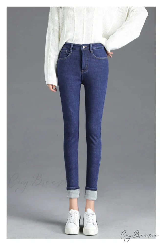 Thickened High Waist Warm Casual Slim Stretch Denim Plus Velvet Jean Blue / 25