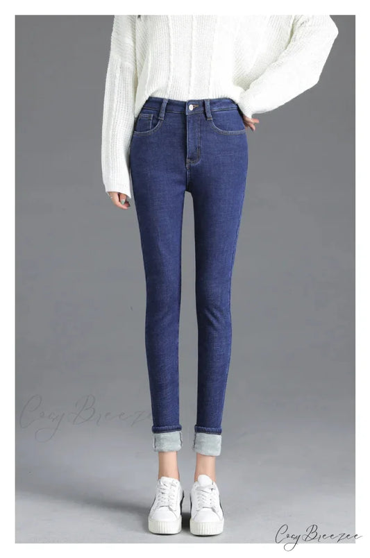 Thickened High Waist Warm Casual Slim Stretch Denim Plus Velvet Jean Blue / 25