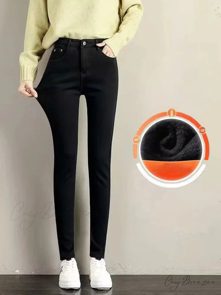 Thickened Plush High Waist Elastic Slim Pencil Winter Wool Insulation Fur Plush Jean Black velvet black / 25