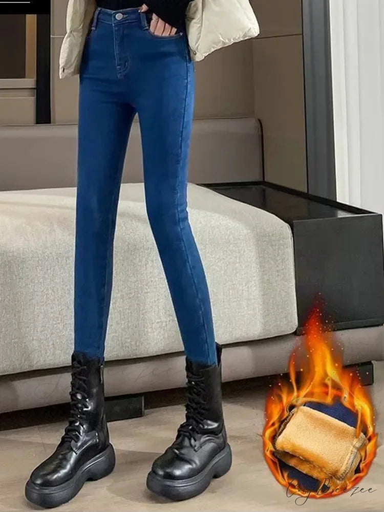 Thickened Plush High Waist Elastic Slim Pencil Winter Wool Insulation Fur Plush Jean Yellow velvet blue / 25